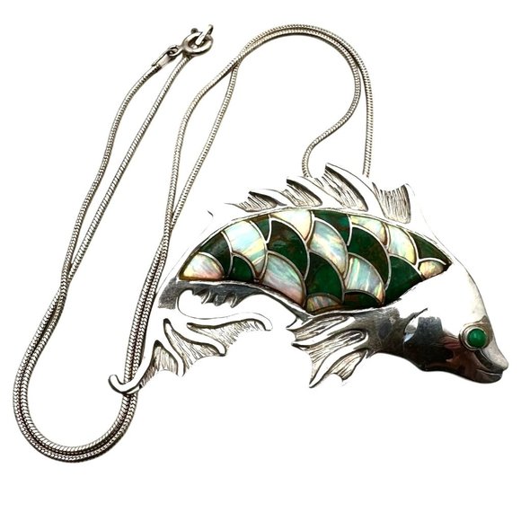 Sterling Silver Green Opal Inlay Fish Brooch Pendant - Picture 2 of 5